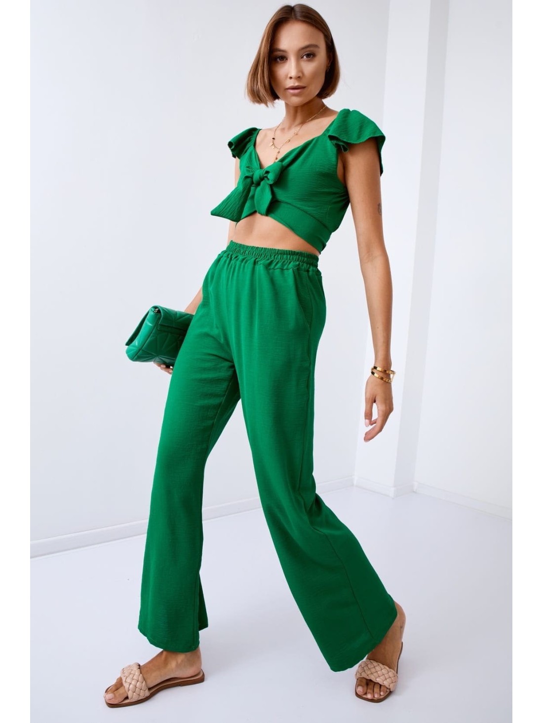 Dark green crop top set with wide pants 8108 - Online store - Boutique